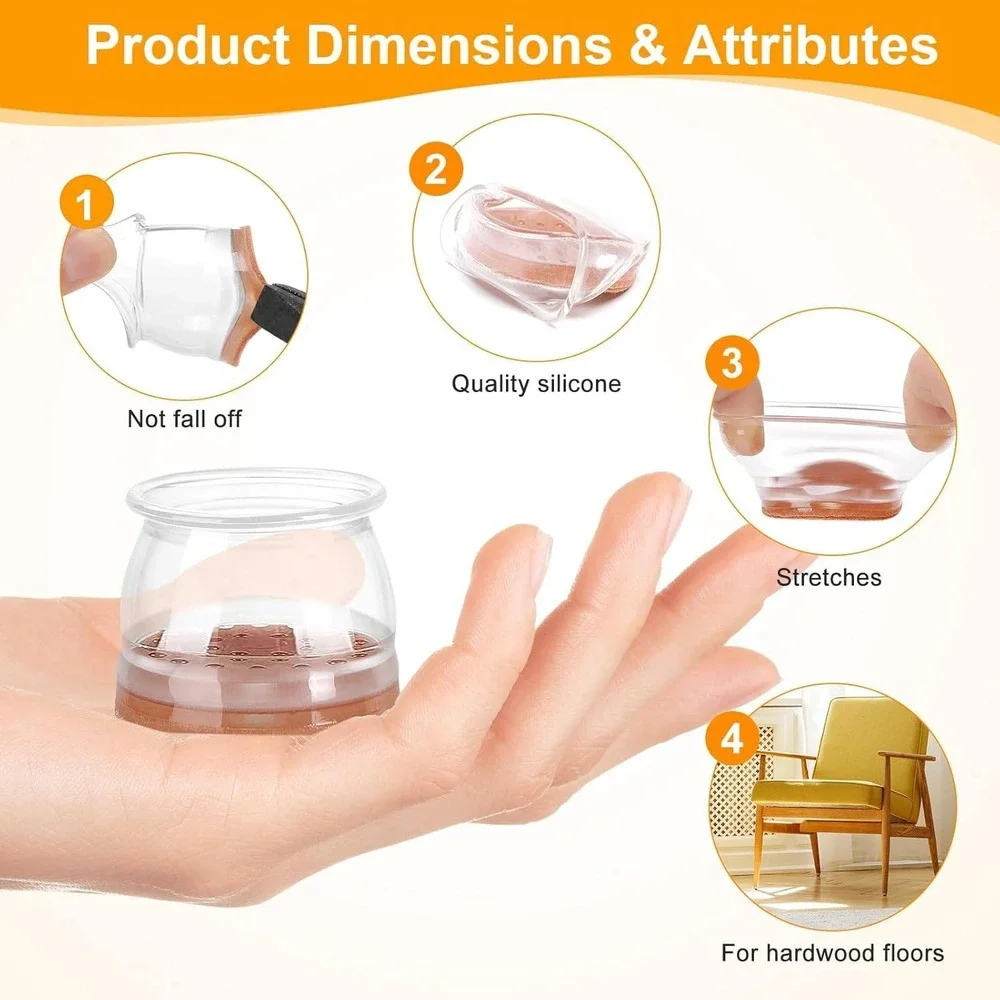 Silicone Chair Leg Floor Protectors with Felt Pads‎ Clear Furniture Caps 32 Pack